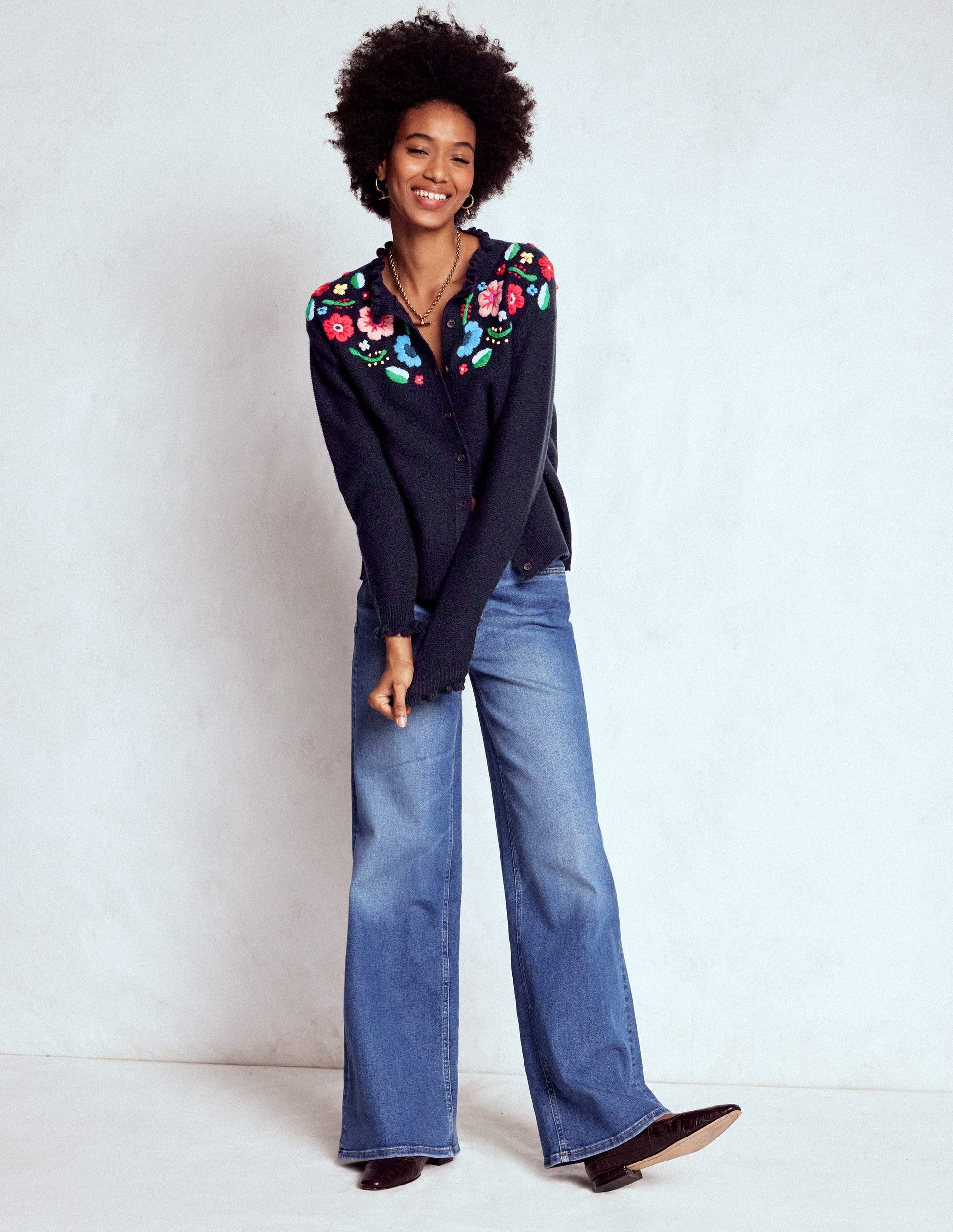 Embroidered Frill Cardigan-Navy-5