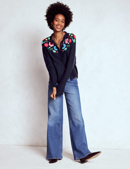 Embroidered Frill Cardigan-Navy-5