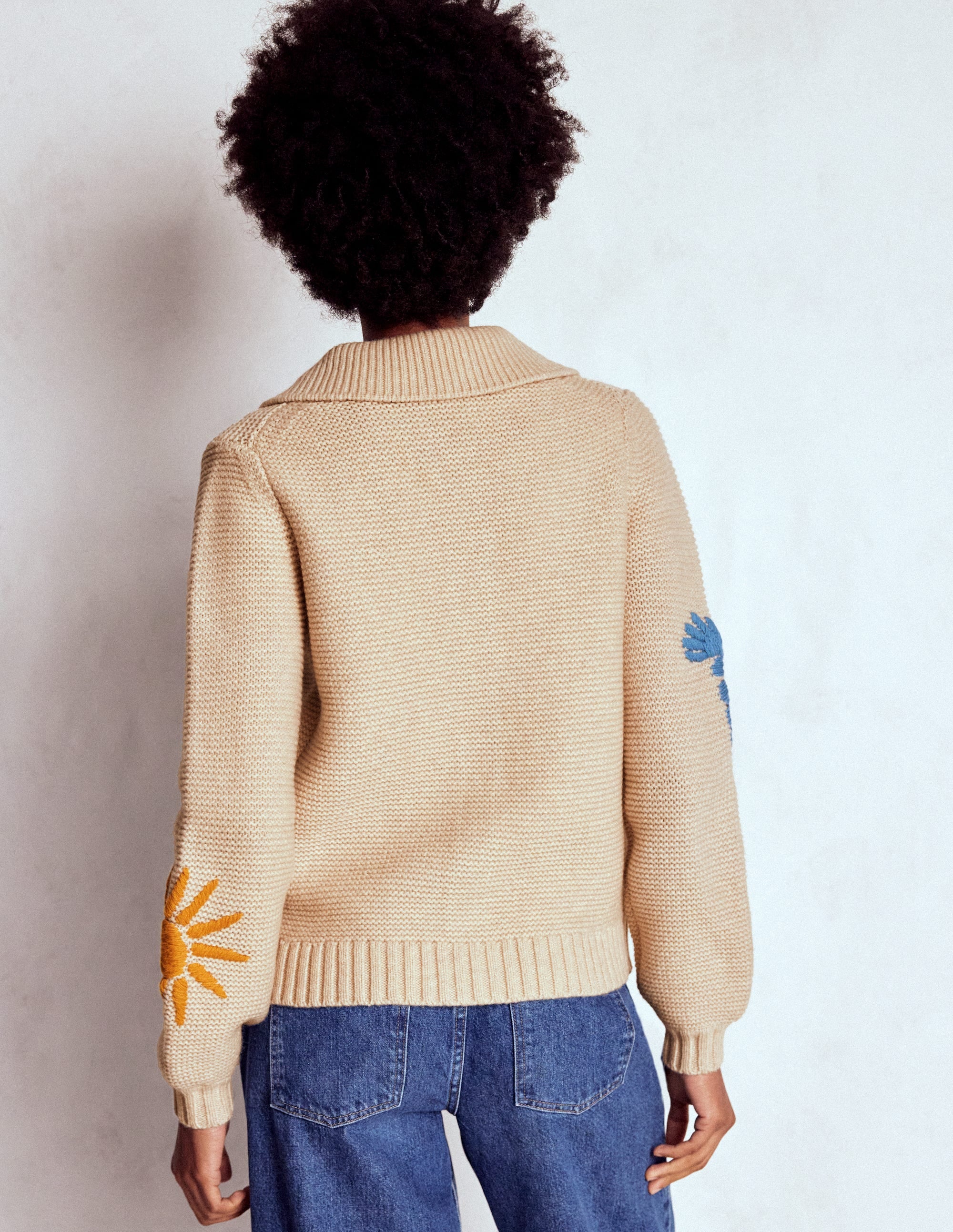 Embroidered Collared Cardigan-Ecru Marl - Image 3