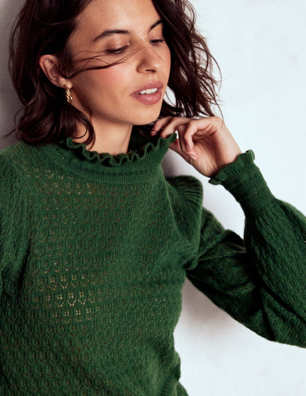 Pointelle Ruffle Jumper-Hunter Green