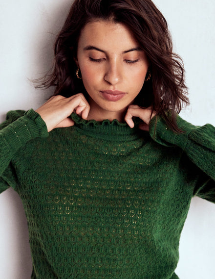 Pointelle Ruffle Jumper-Hunter Green