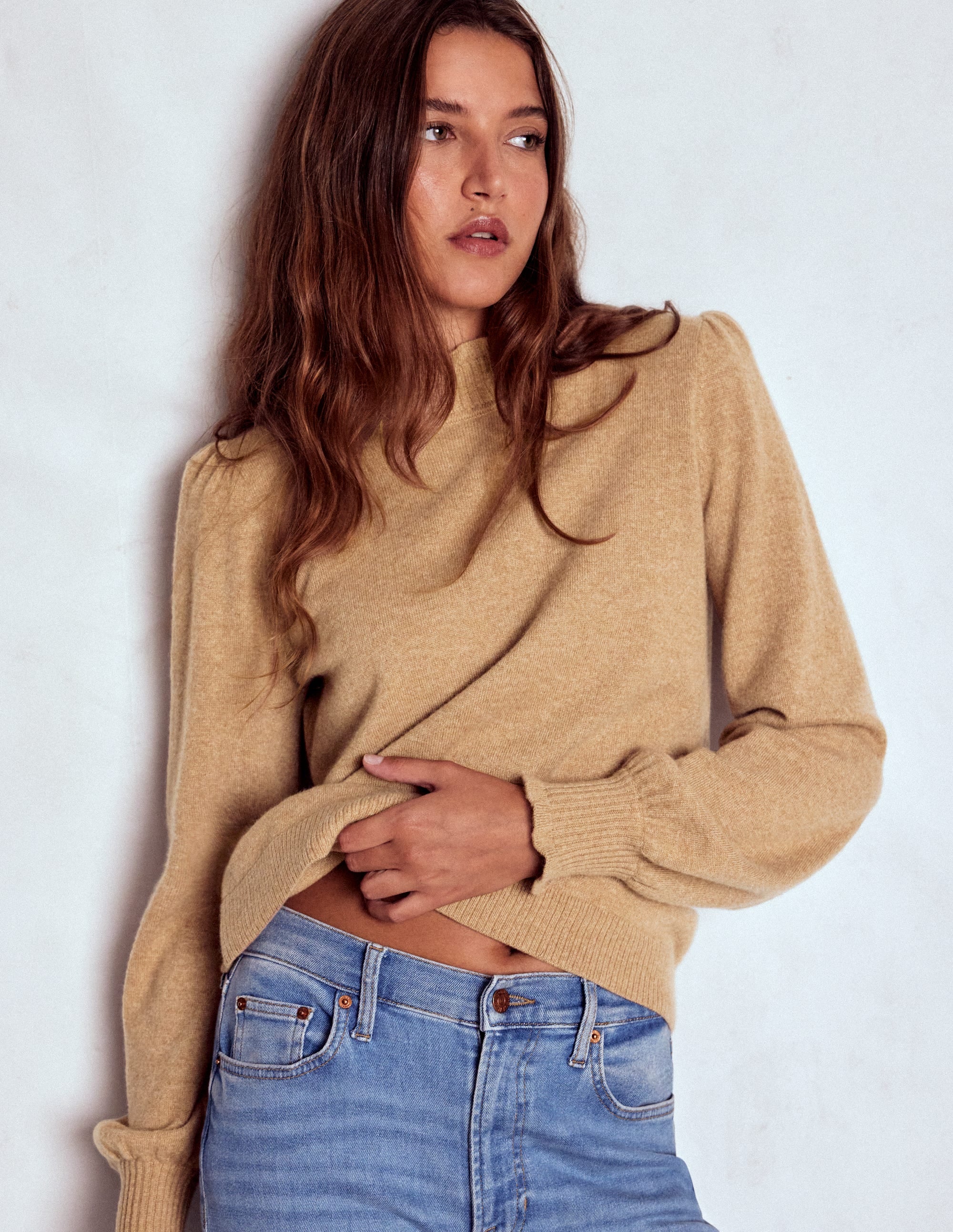 Frill Trim Cashmere Jumper-Camel Melange - Image 1