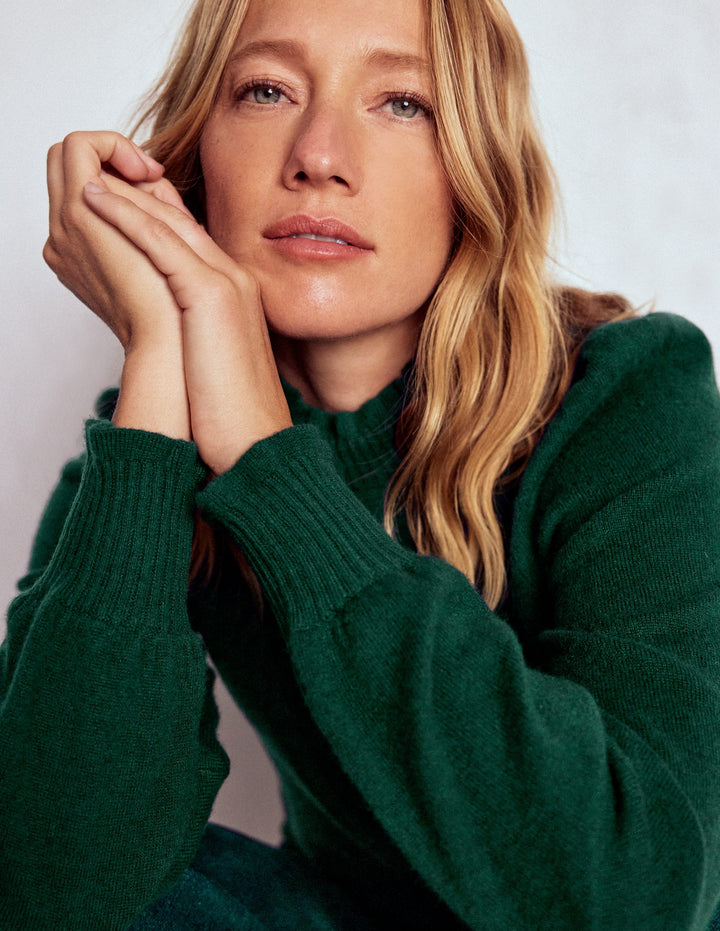 Frill Trim Cashmere Jumper-Mallard Blue