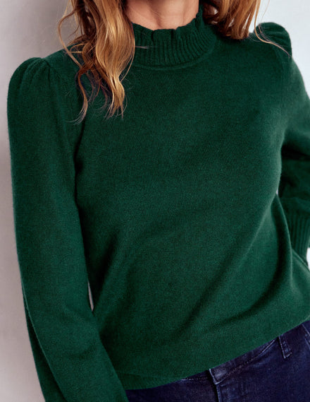 Frill Trim Cashmere Jumper-Mallard Blue