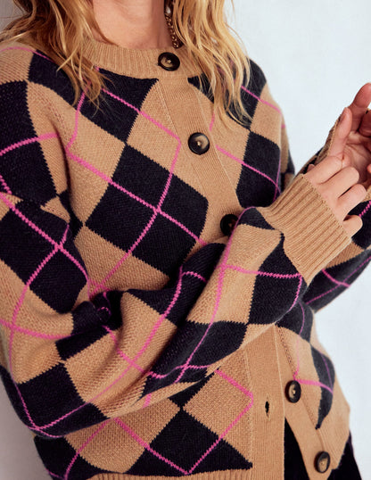 Abi Jacquard Cardigan-Camel, Navy Argyle-2