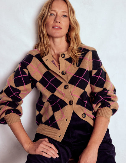Abi Jacquard Cardigan-Camel, Navy Argyle-4