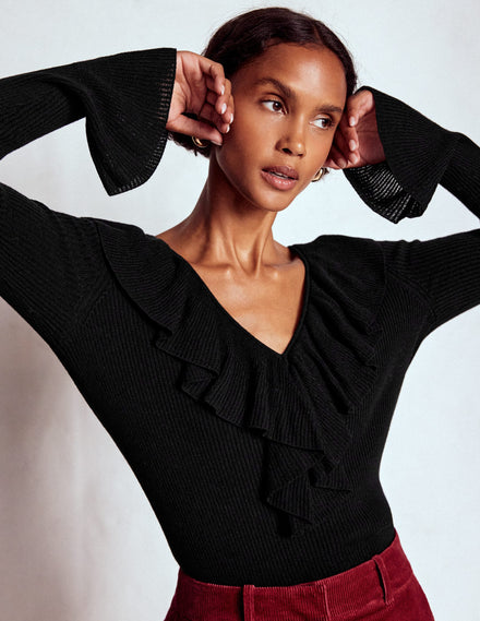 Ruffled Rib Henley Jumper-Black