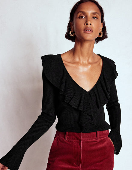 Ruffled Rib Henley Jumper-Black