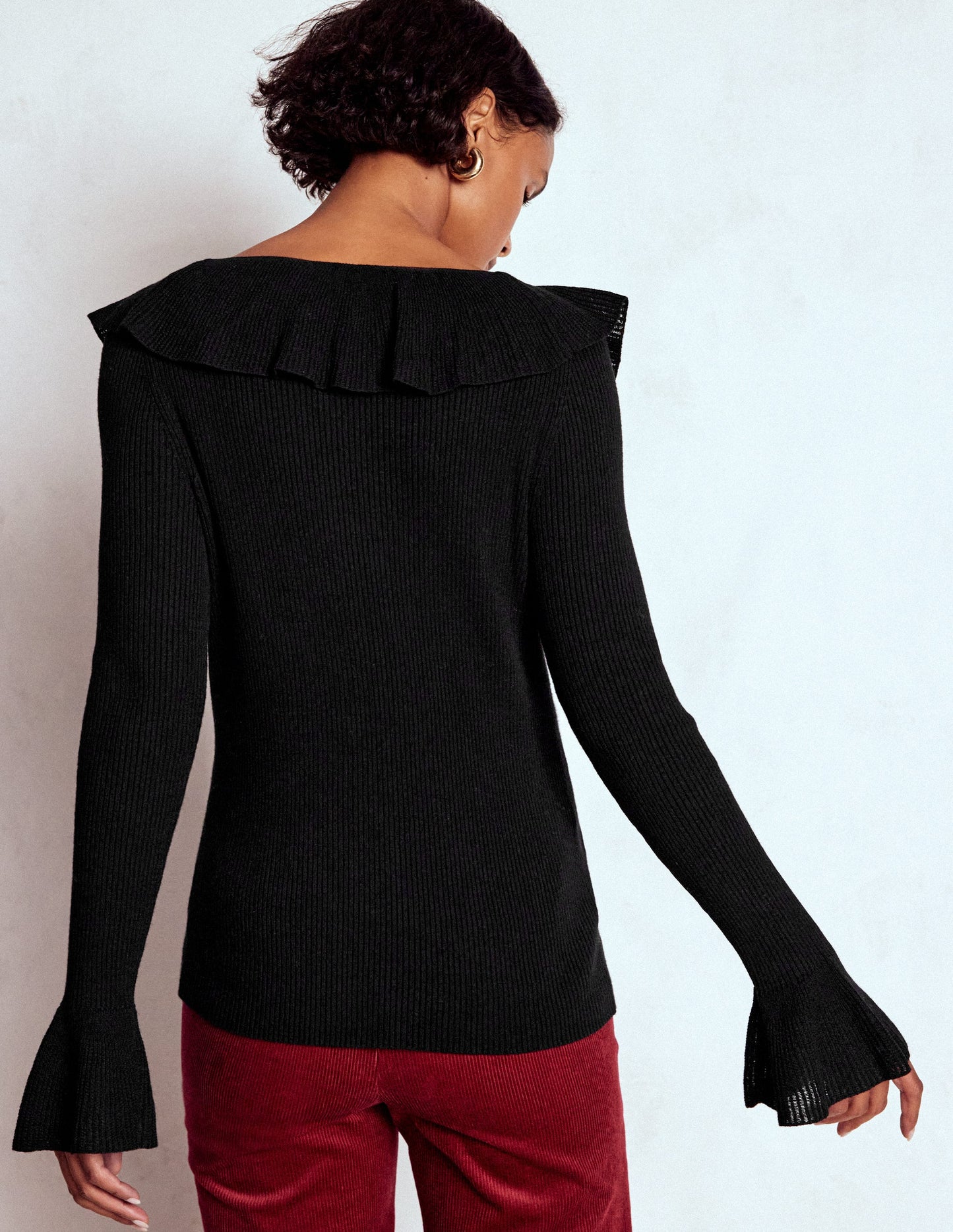 Ruffled Rib Henley Jumper-Black
