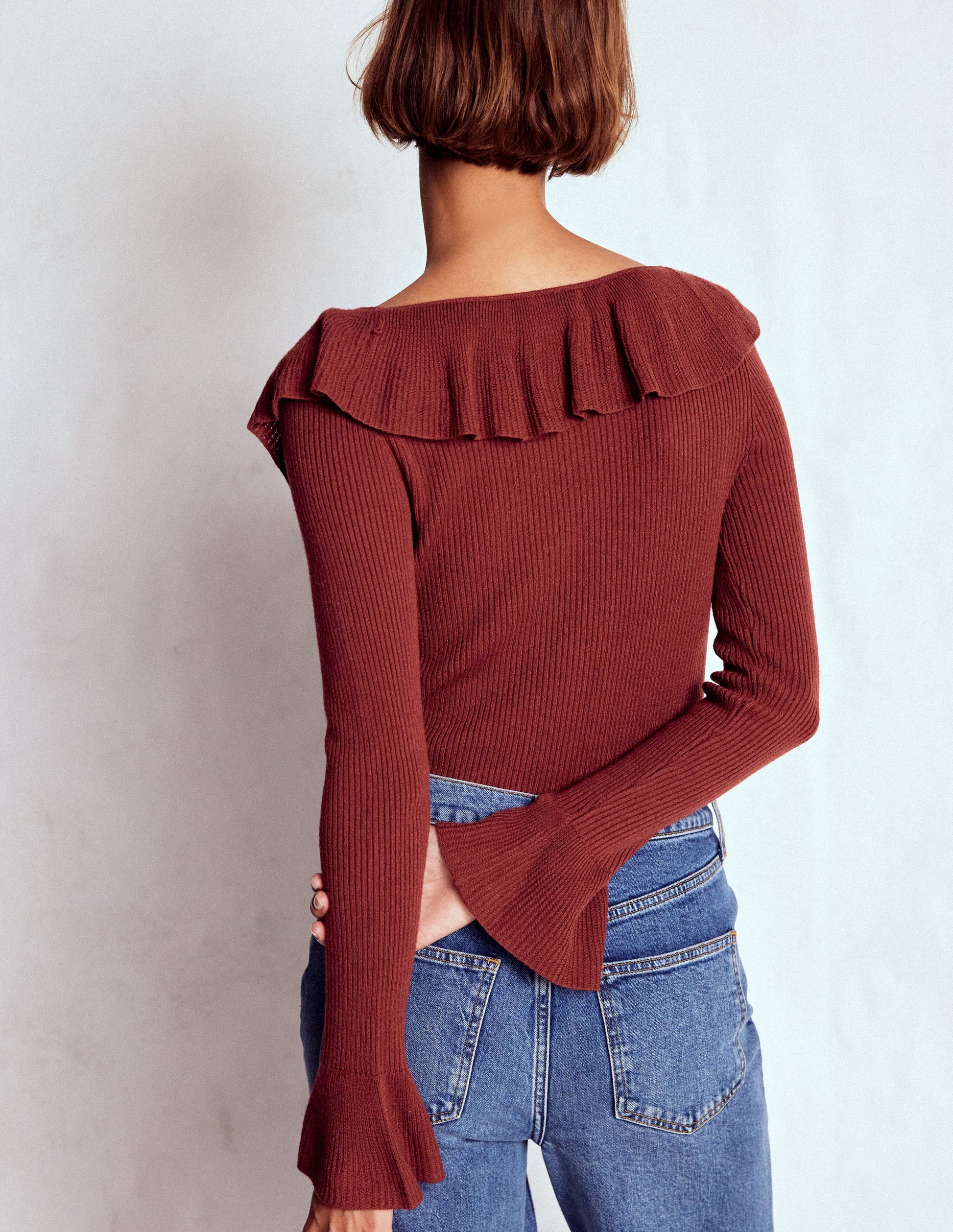 Ruffled Rib Henley Jumper-Chestnut-4