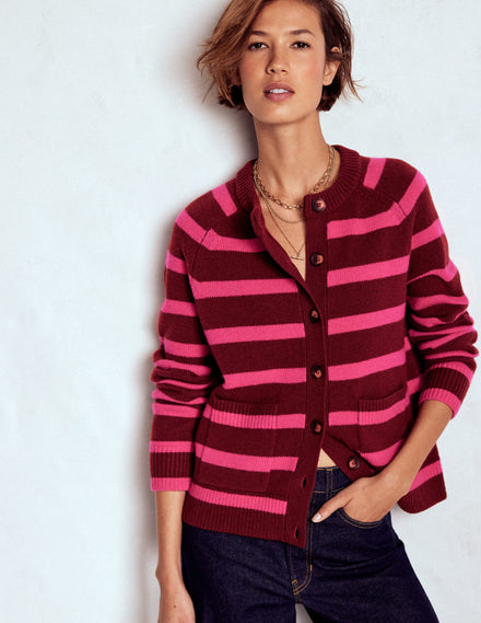 Marion Merino Cardigan-Raw Umber, Brilliant Pink