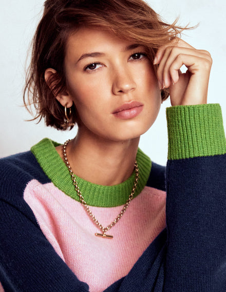 Marion Merino Jumper-French Pink, Navy Colour Block