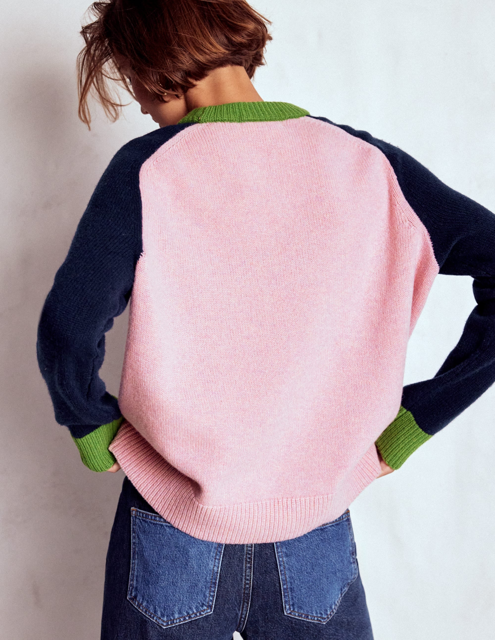 Marion Merino Jumper-French Pink, Navy Colour Block - Image 3