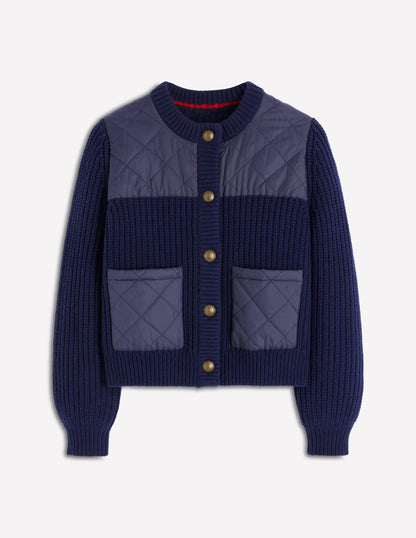 Short Quilted Knitted Jacket-Navy-7