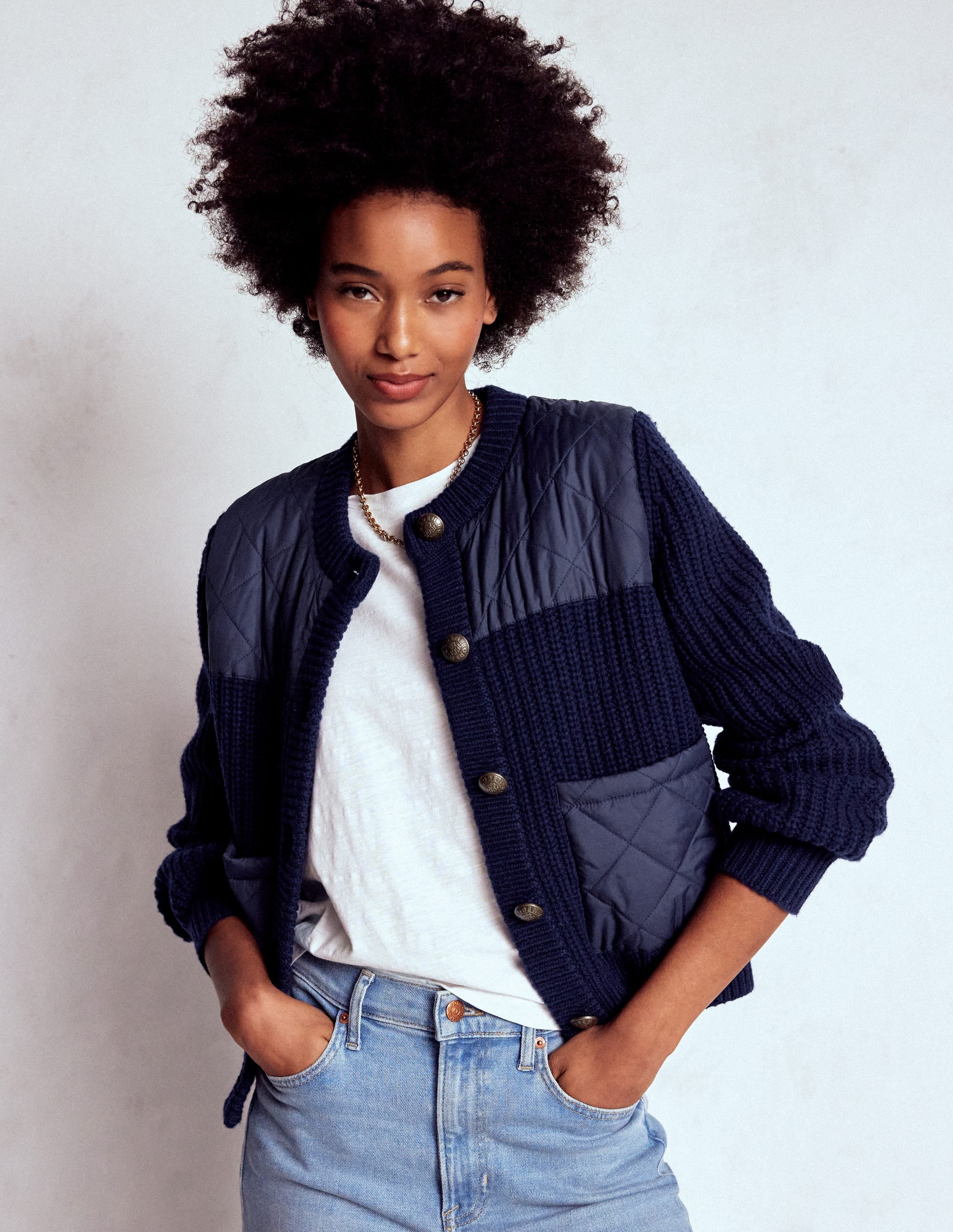 Short Quilted Knitted Jacket-Navy - Image 1