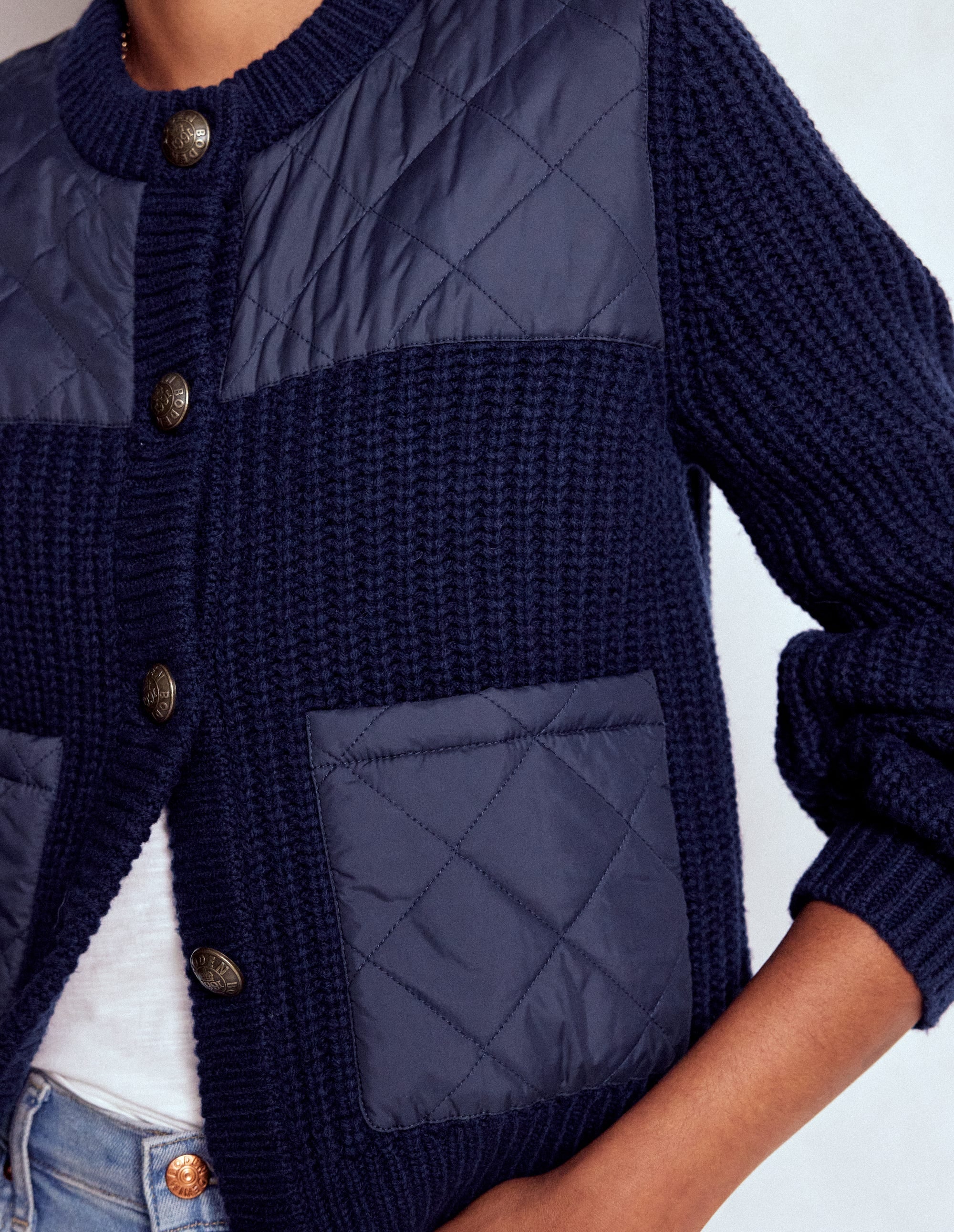Short Quilted Knitted Jacket-Navy - Image 4