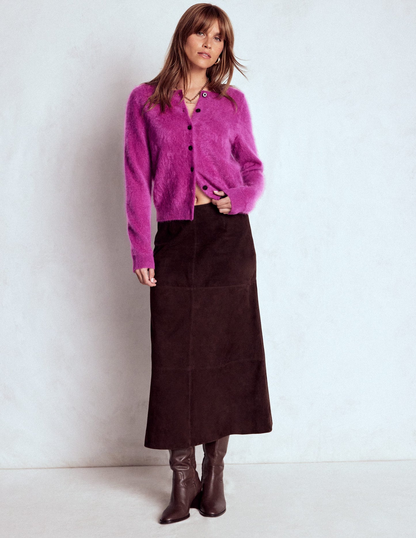 Brushed Crop Cashmere Cardigan-Regal Purple
