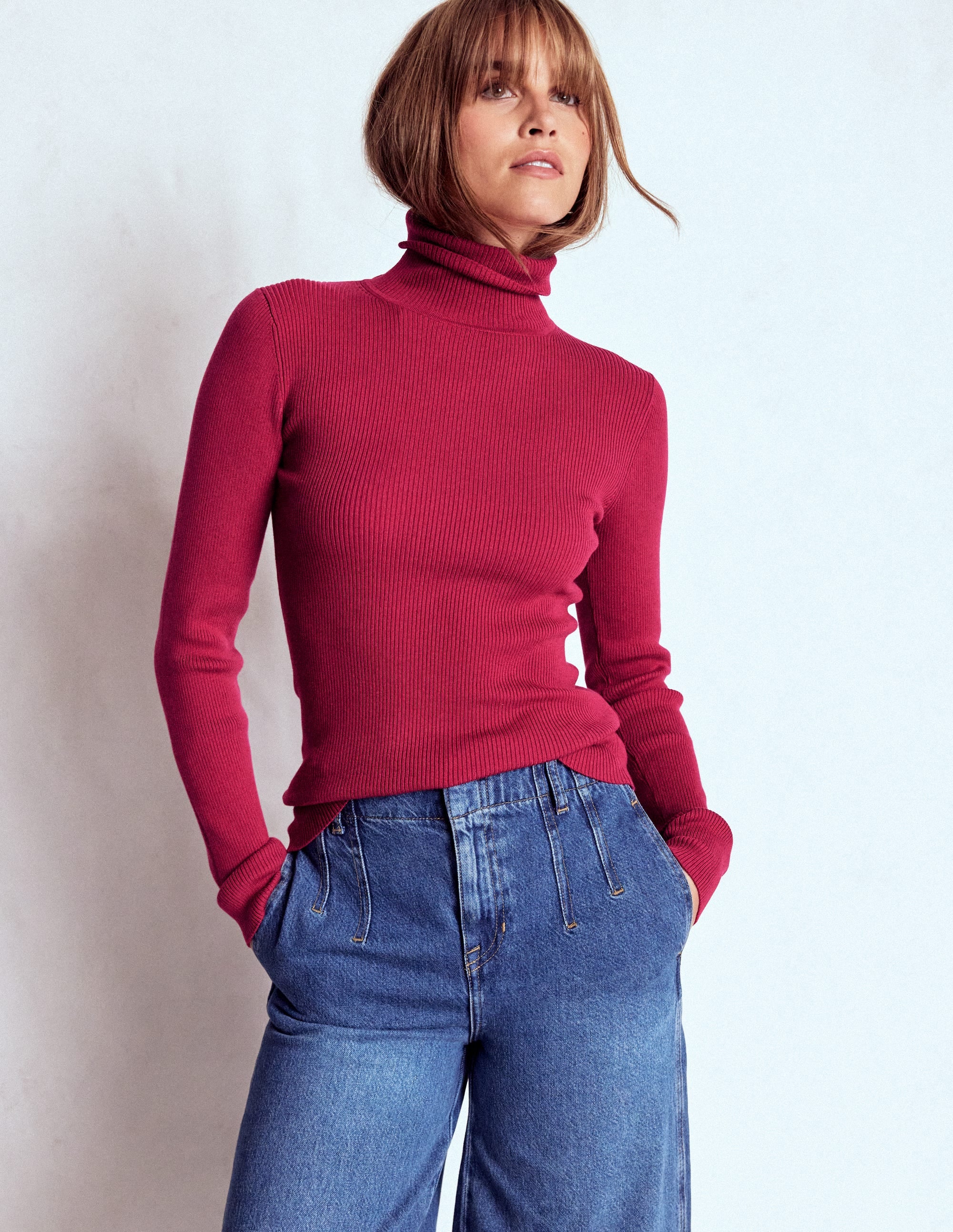 Emilia Cotton Roll Neck Jumper-Bright Cherry - Image 3