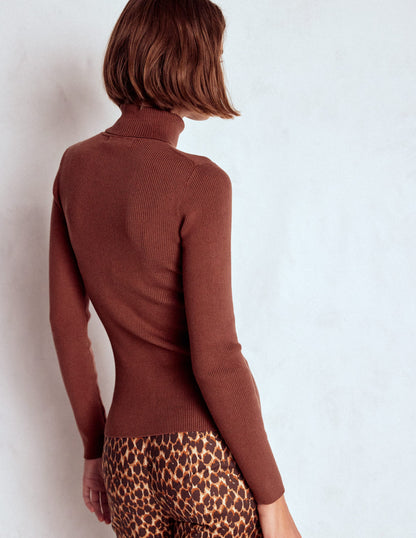 Emilia Cotton Roll Neck Jumper-Hot Chocolate Brown-3