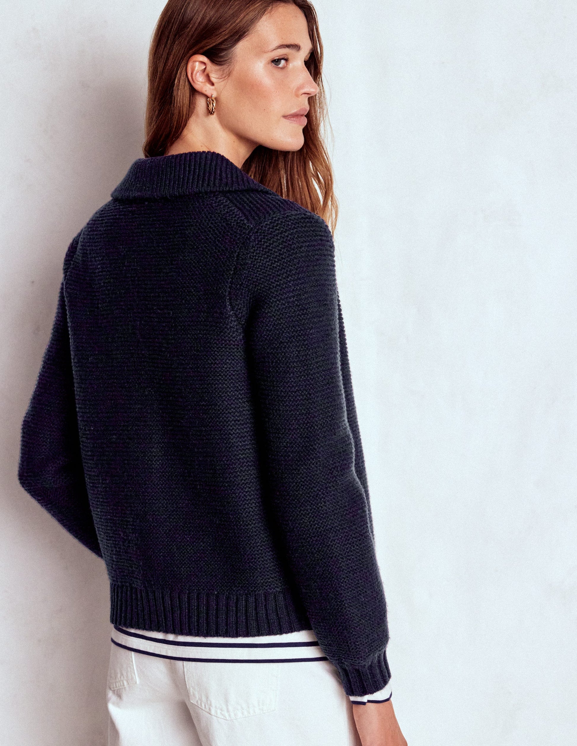 Chunky Collar Knitted Jacket-Navy-3