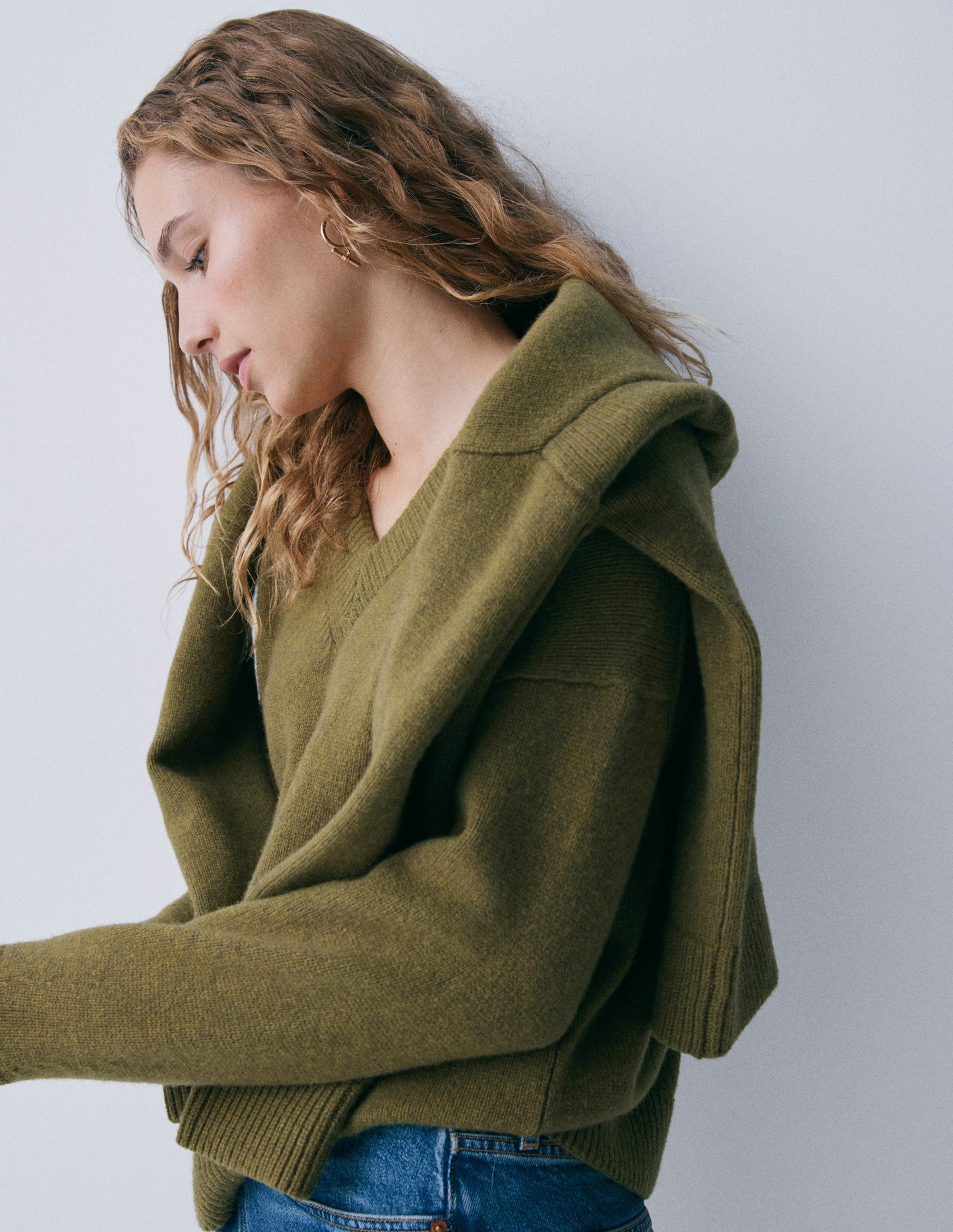 Marion Merino V-neck Jumper-Promenade Green Melange