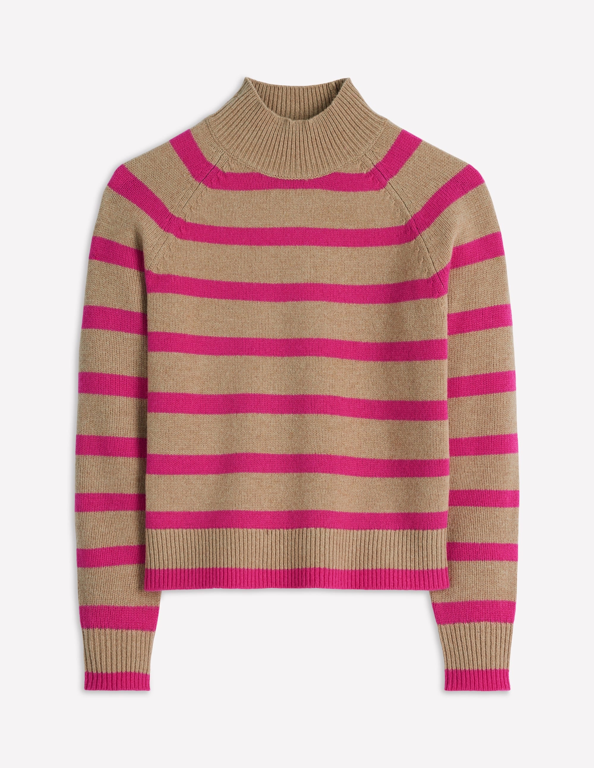 Marion Merino High Neck Jumper-Camel, Brilliant Pink Stripe - Image 5