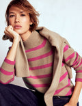 Marion Merino High Neck Jumper-Camel, Brilliant Pink Stripe
