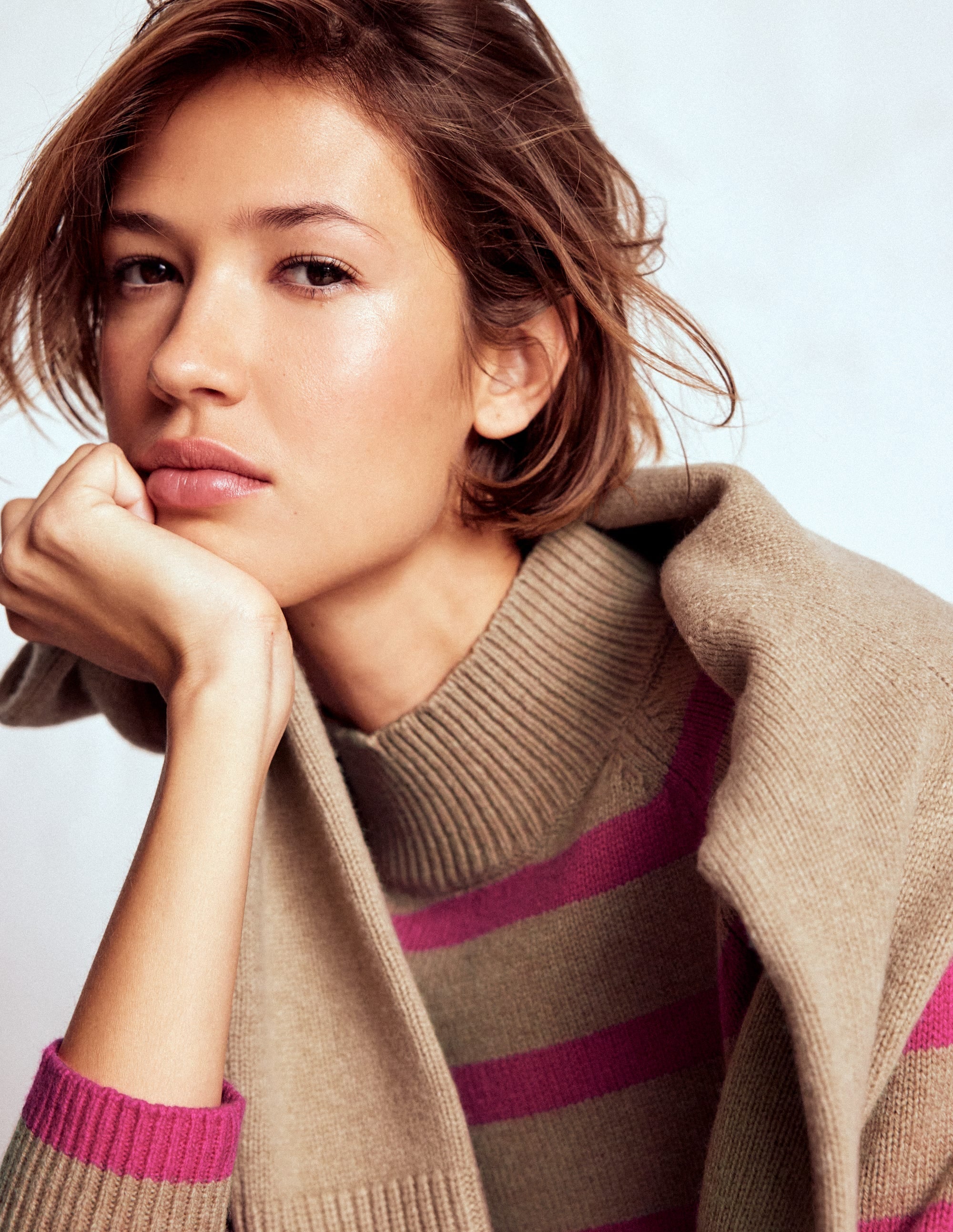 Marion Merino High Neck Jumper-Camel, Brilliant Pink Stripe - Image 2