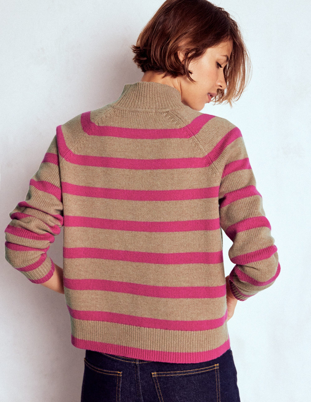 Marion Merino High Neck Jumper-Camel, Brilliant Pink Stripe - Image 3