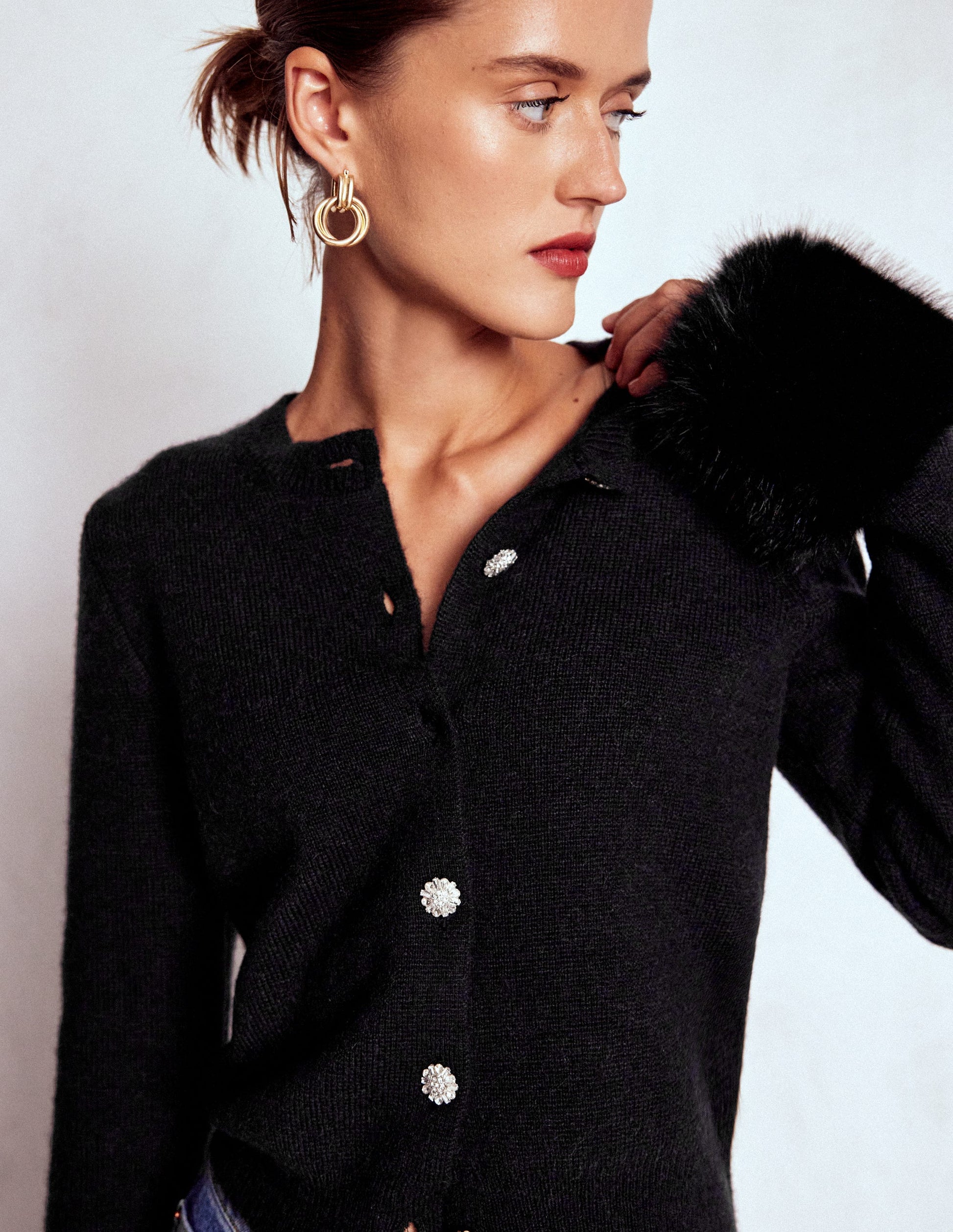 Fur Trim Cardigan-Black-5