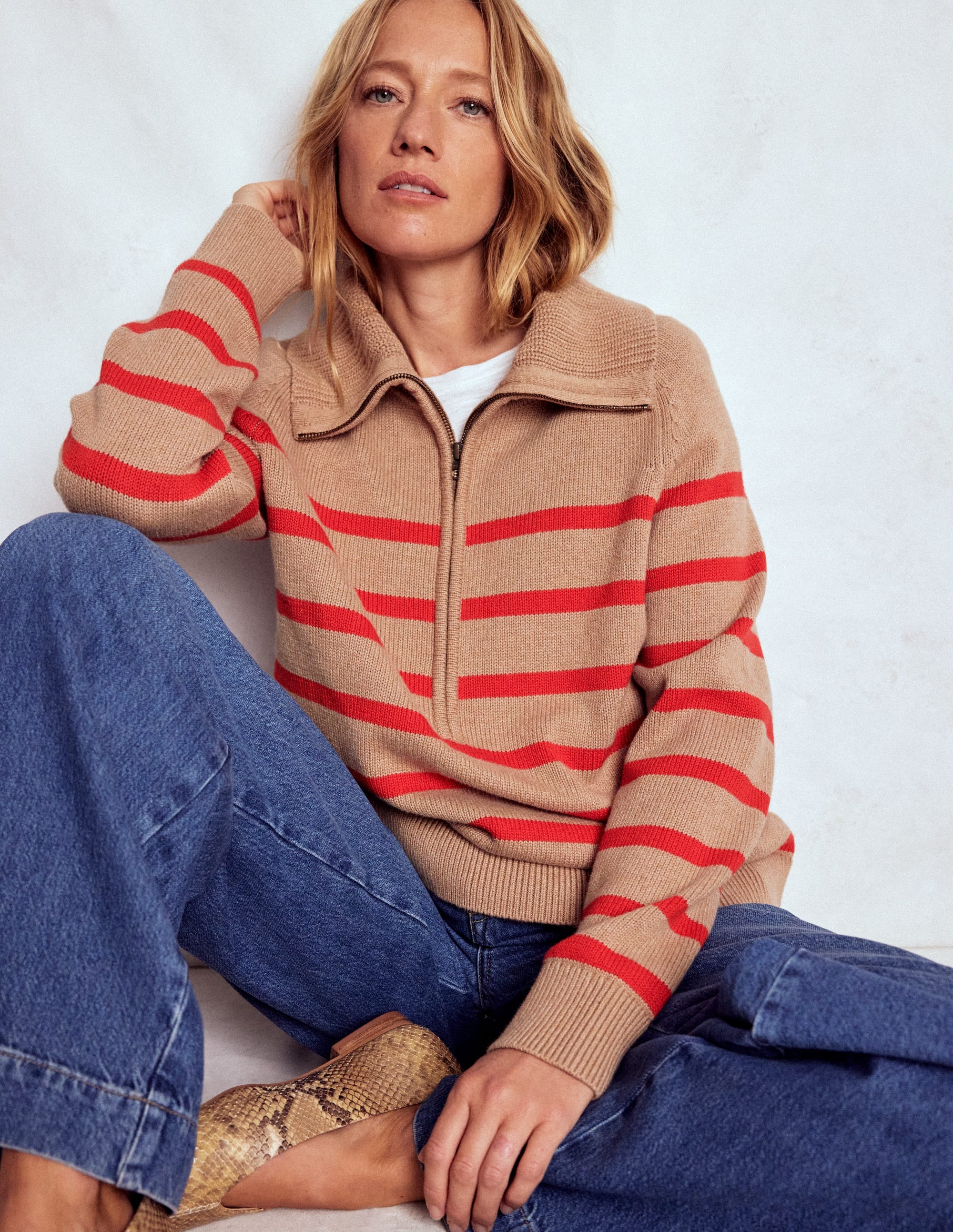 Lucy Half Zip Jumper-Camel Melange, Red Stripe - Image 1