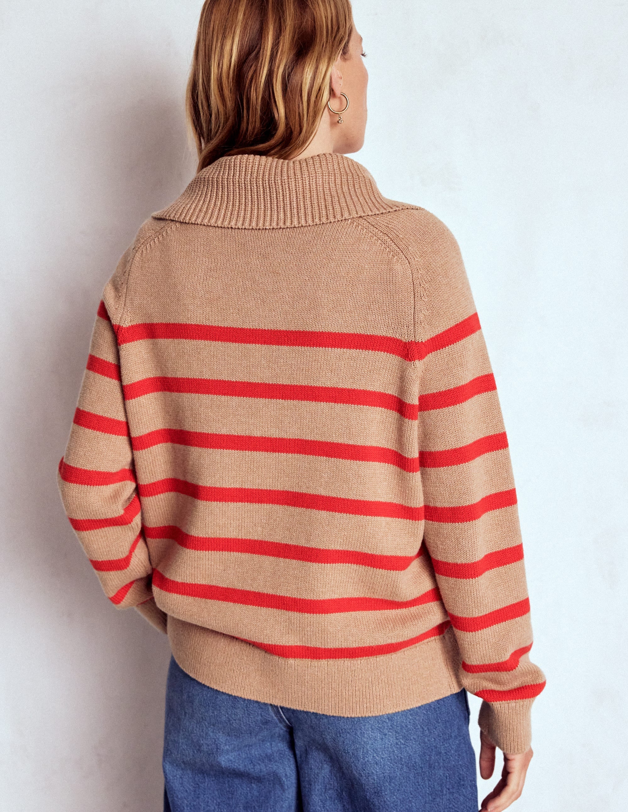 Lucy Half Zip Jumper-Camel Melange, Red Stripe - Image 4