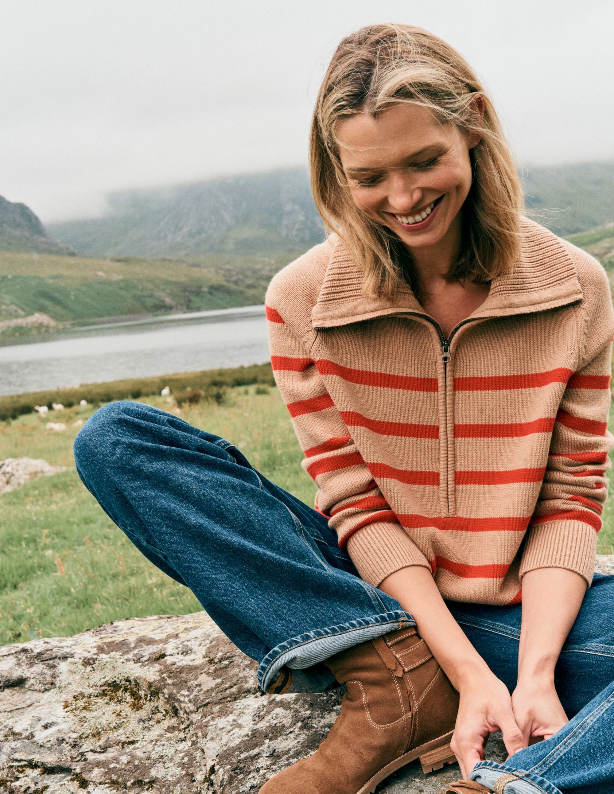 Lucy Half Zip Jumper-Camel Melange, Red Stripe - Image 2