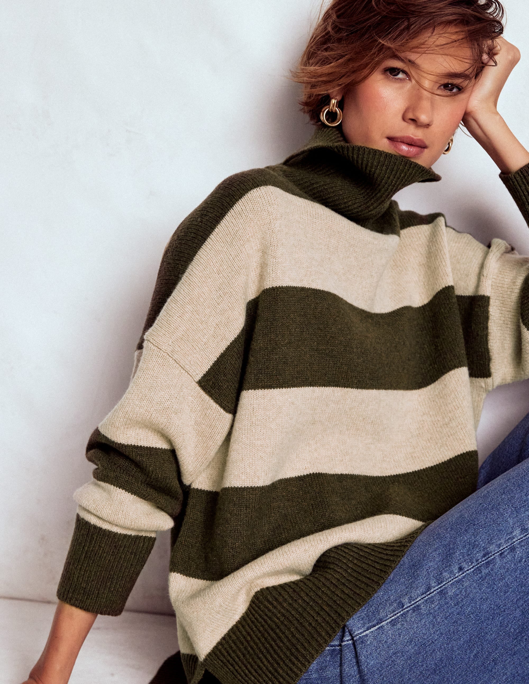 Polly Merino Roll Neck Jumper-Marsh, Linen Stripe - Image 1