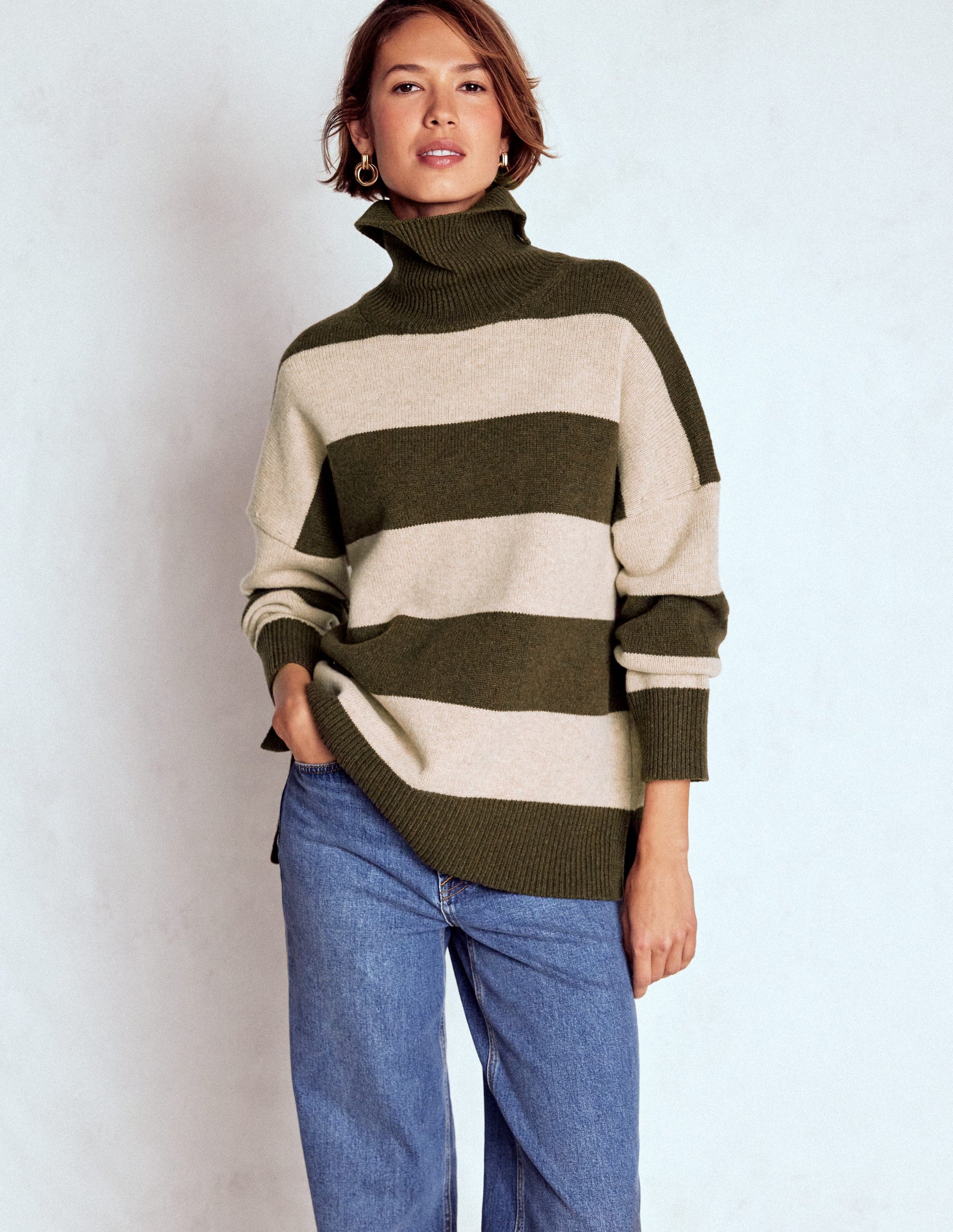 Polly Merino Roll Neck Jumper-Marsh, Linen Stripe-4