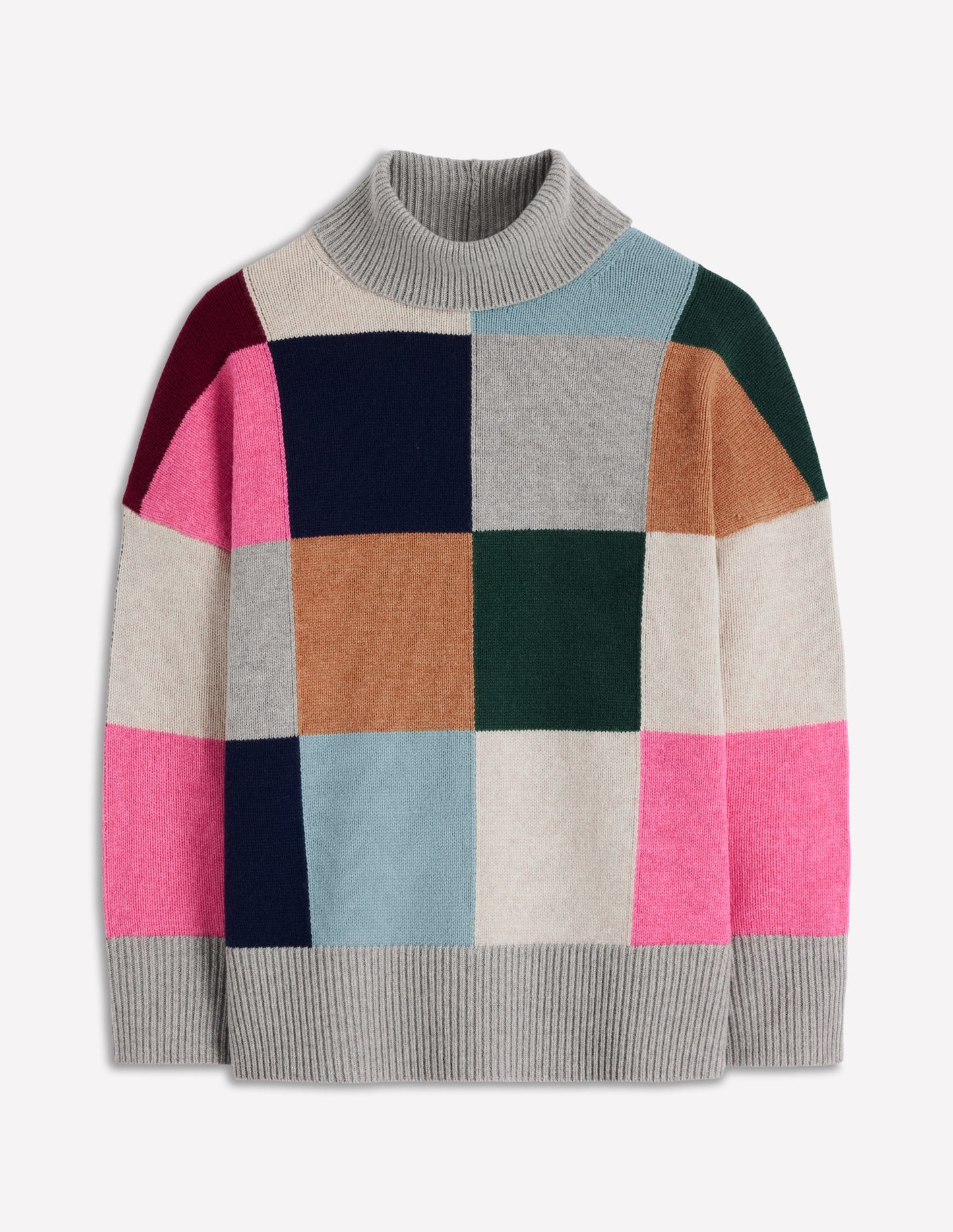 Polly Merino Roll Neck Jumper-Grey Marl Check