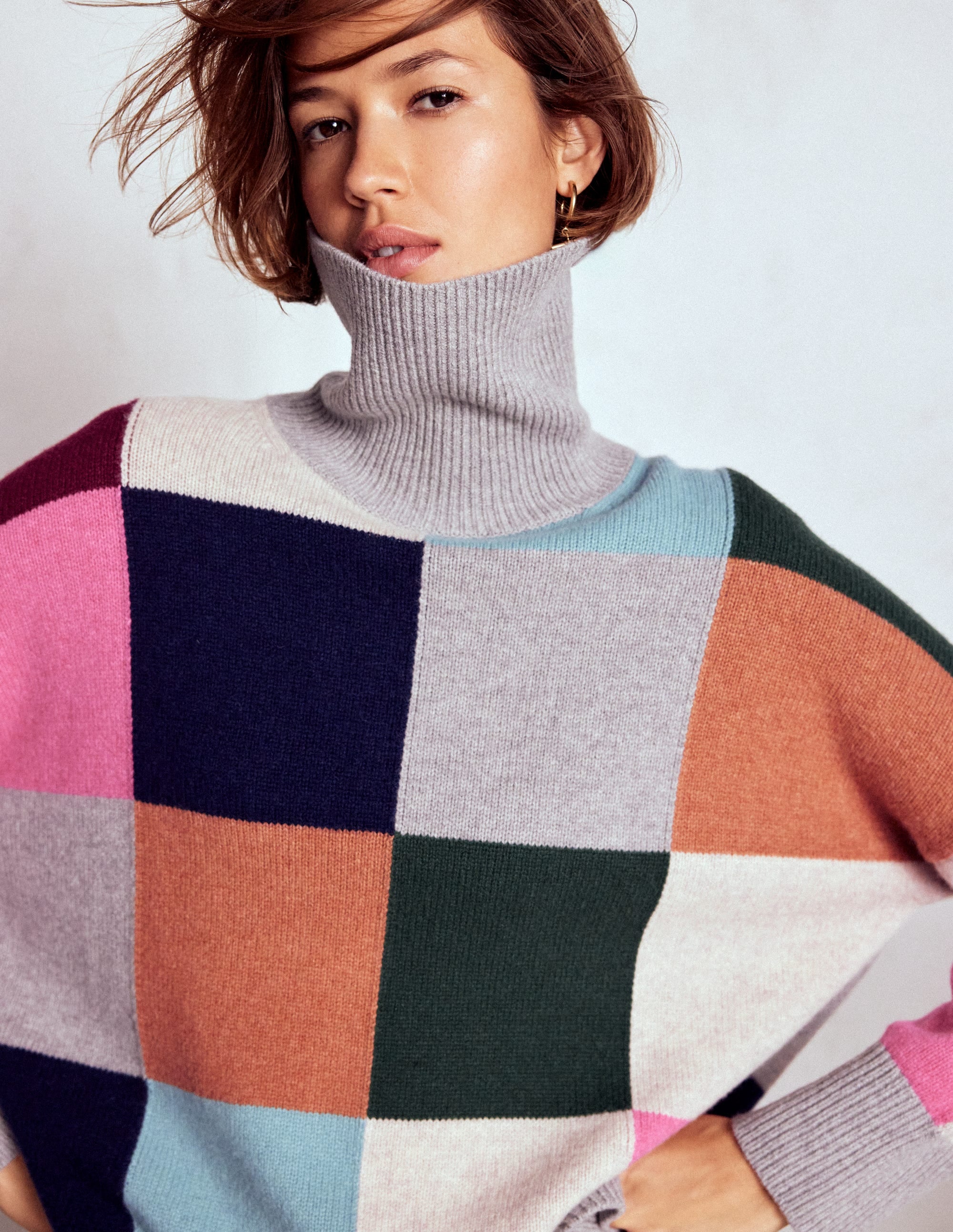 Polly Merino Roll Neck Jumper-Grey Marl Check - Image 1
