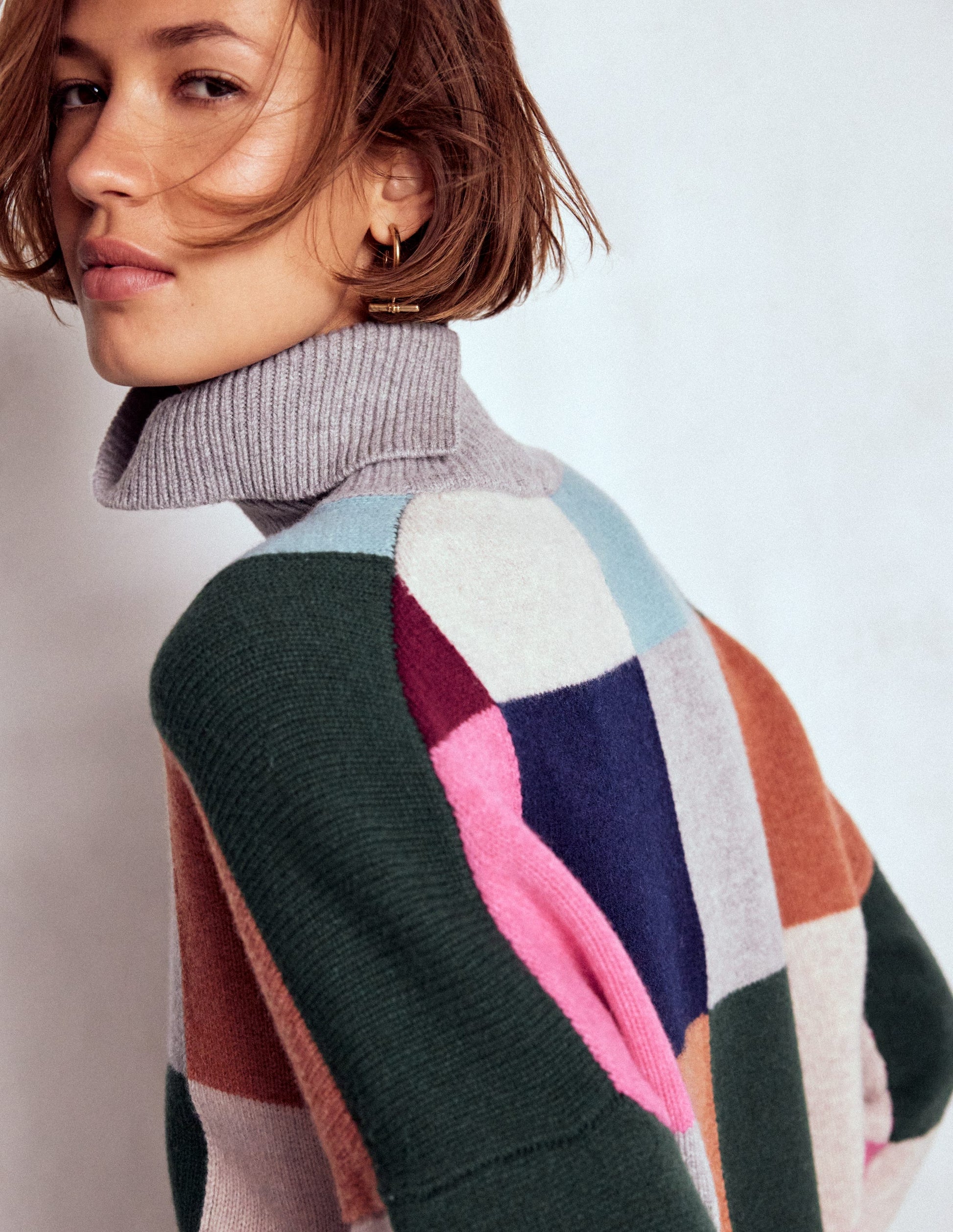 Polly Merino Roll Neck Jumper-Grey Marl Check-3
