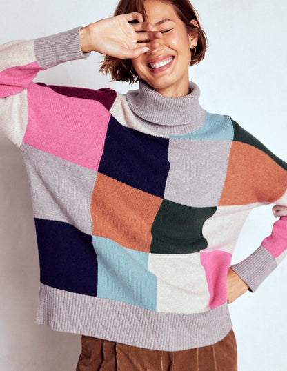 Polly Merino Roll Neck Jumper-Grey Marl Check-5