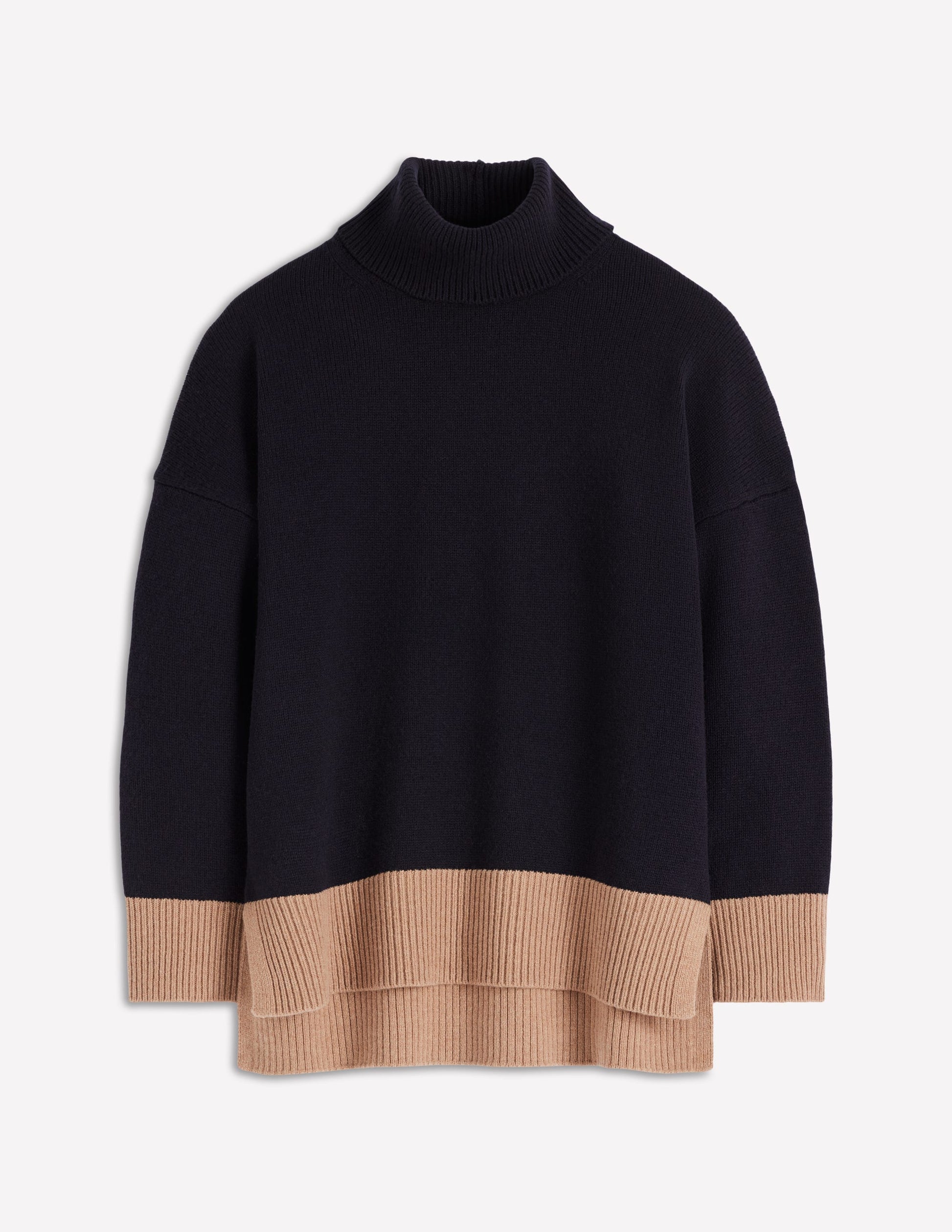 Polly Merino Roll Neck Jumper-Navy, Warm Taupe Colour Block-6
