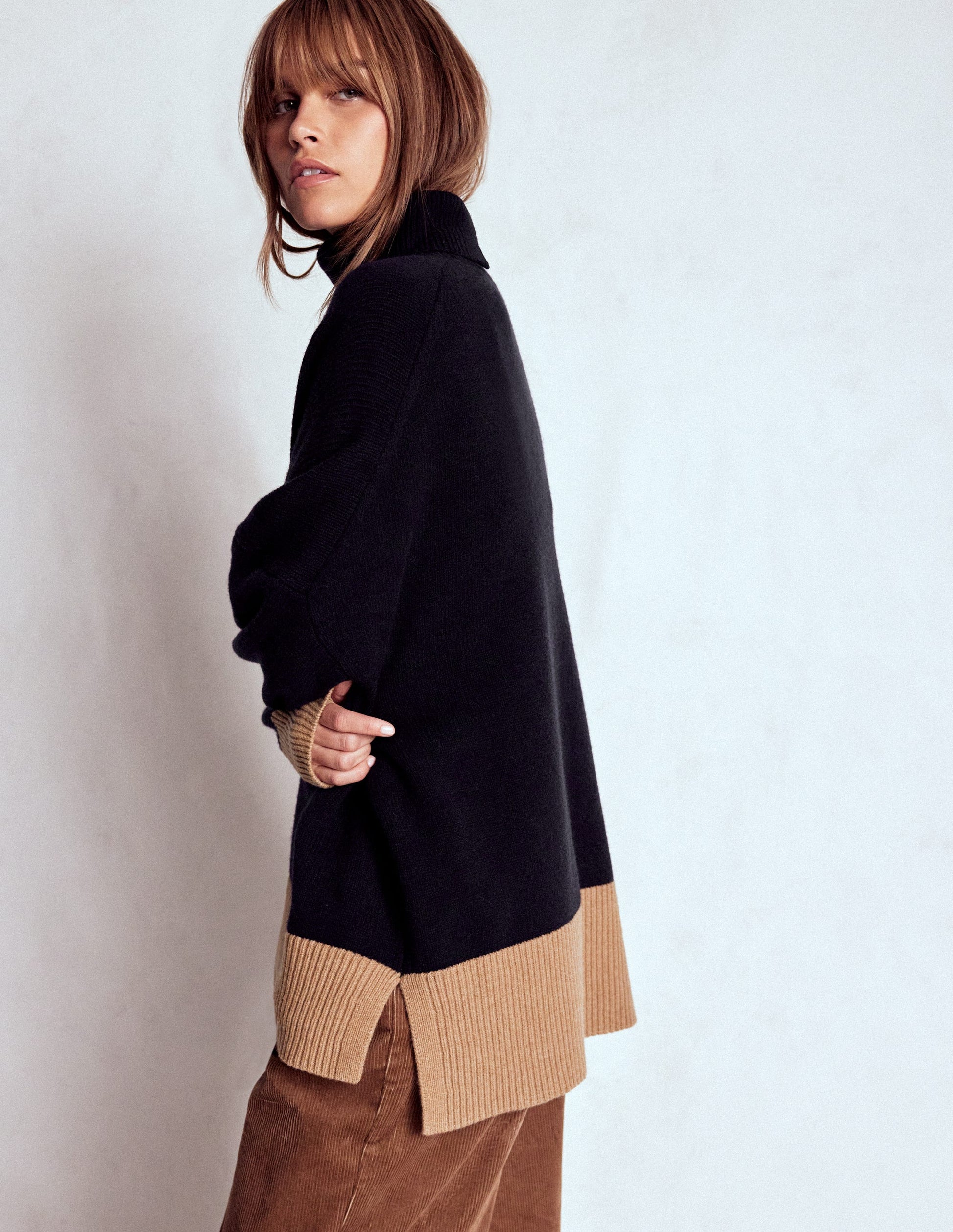 Polly Merino Roll Neck Jumper-Navy, Warm Taupe Colour Block-1