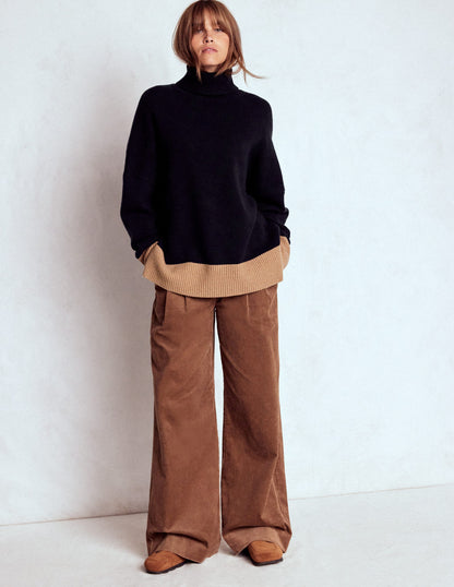 Polly Merino Roll Neck Jumper-Navy, Warm Taupe Colour Block-4