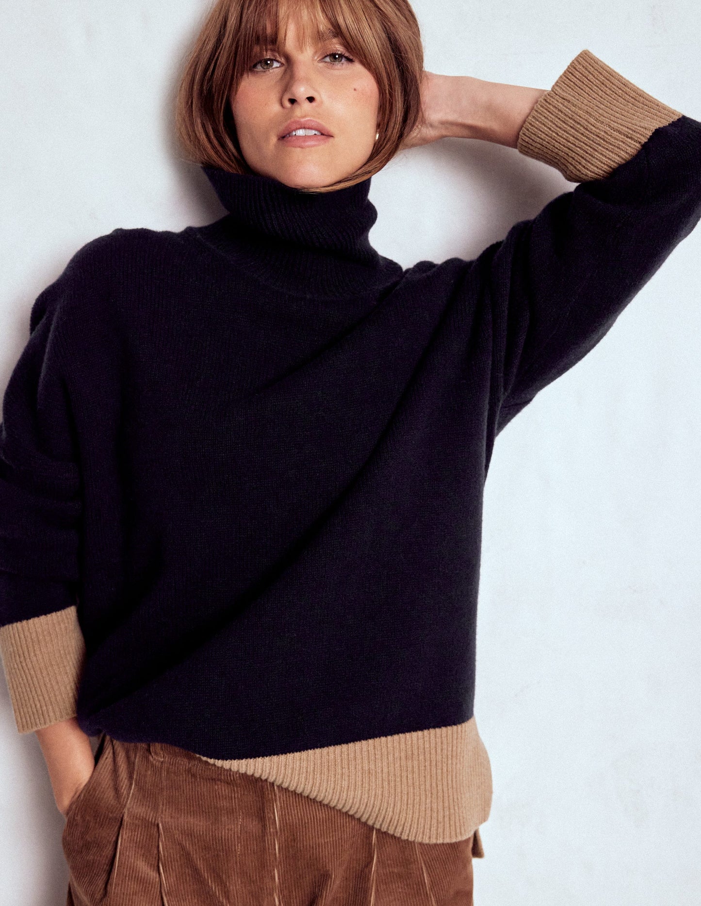 Polly Merino Roll Neck Jumper-Navy, Warm Taupe Colour Block