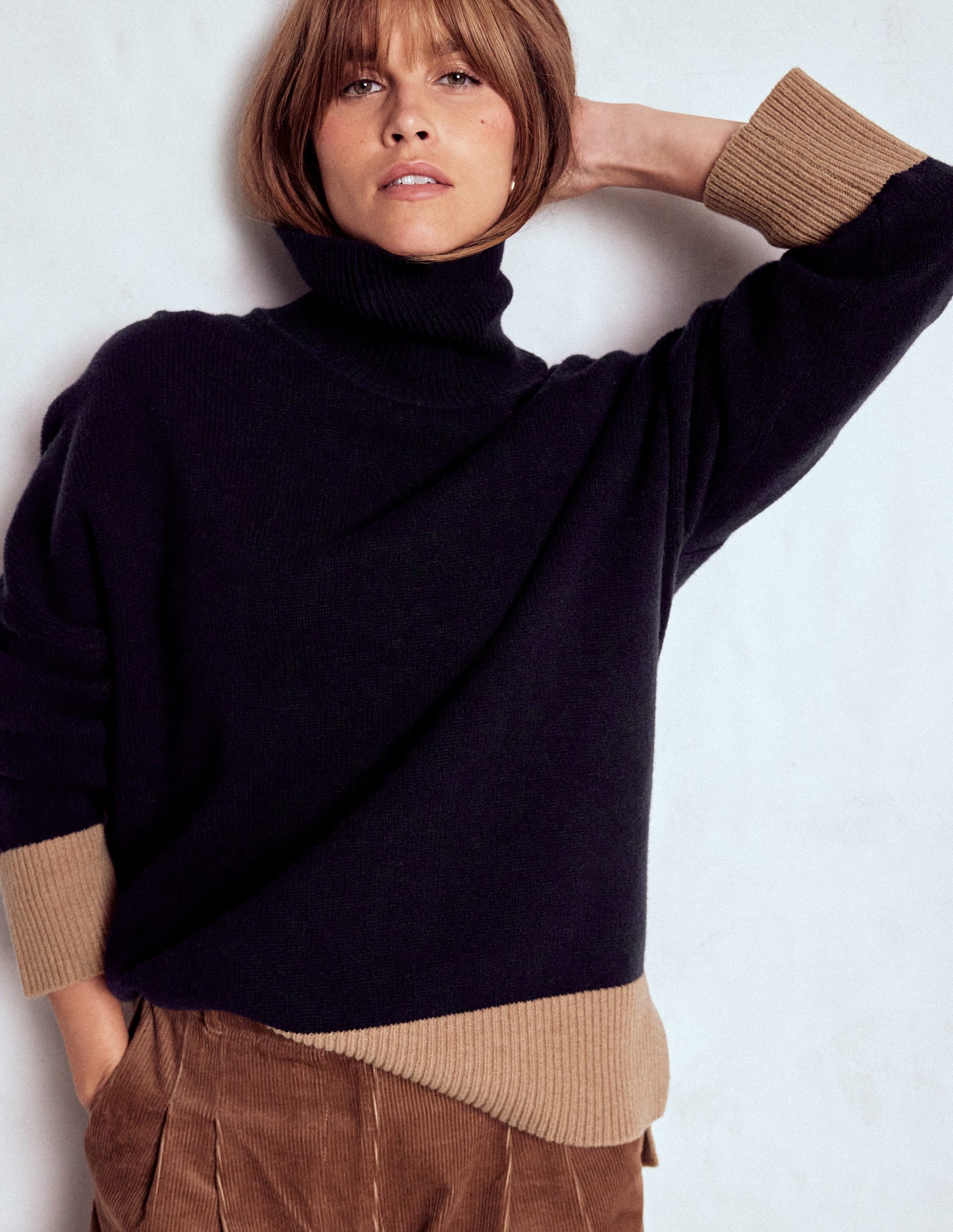 Polly Merino Roll Neck Jumper-Navy, Warm Taupe Colour Block-5