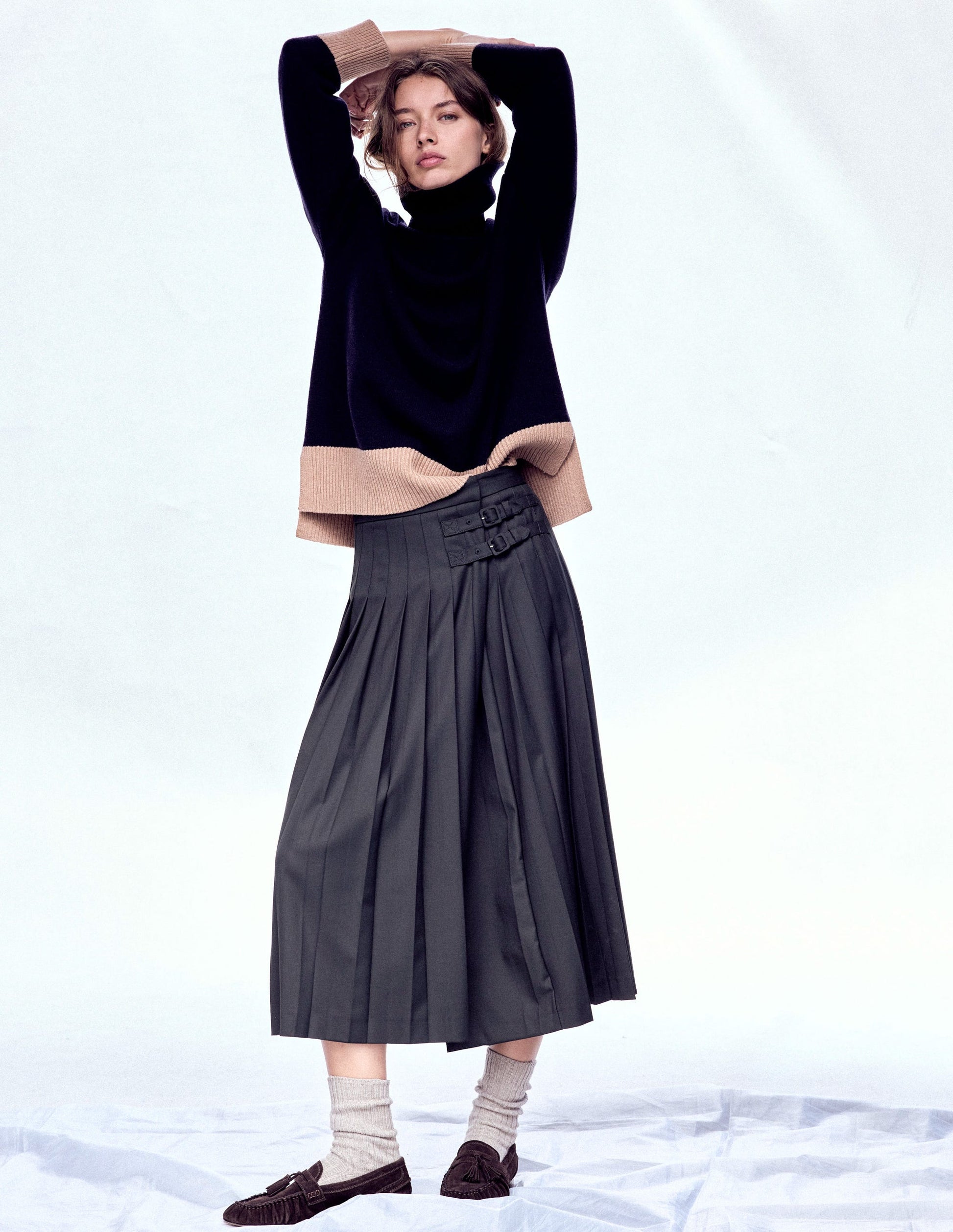 Polly Merino Roll Neck Jumper-Navy, Warm Taupe Colour Block-6