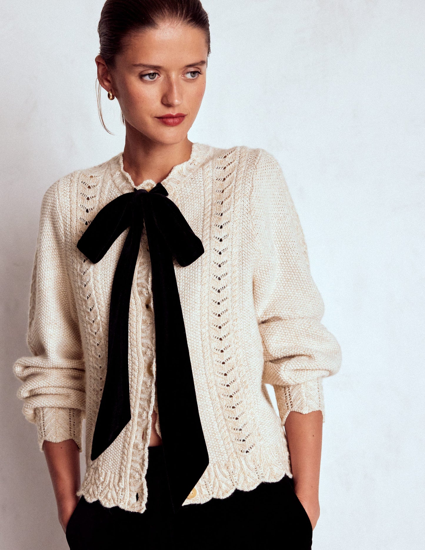 Velvet Bow Cable Cardigan-Gold Sparkle