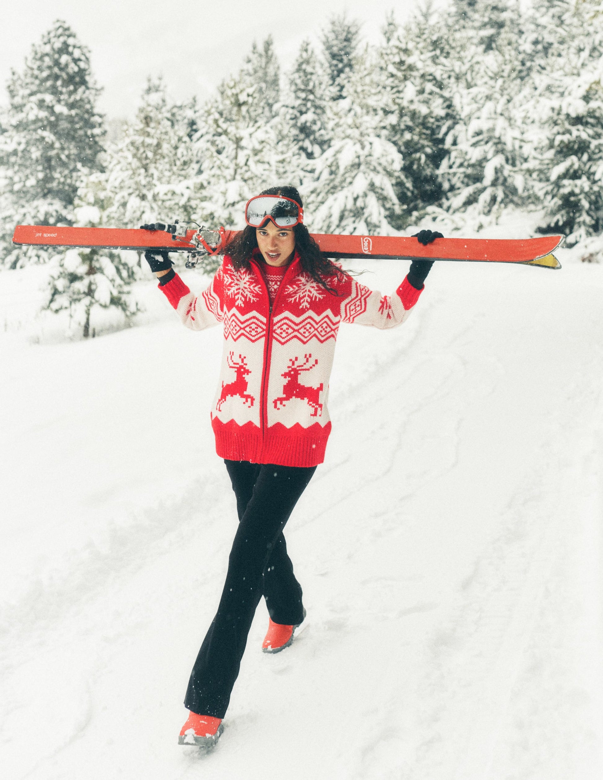 Zip Up Jacquard Cardigan-Poppy Red Reindeer-1