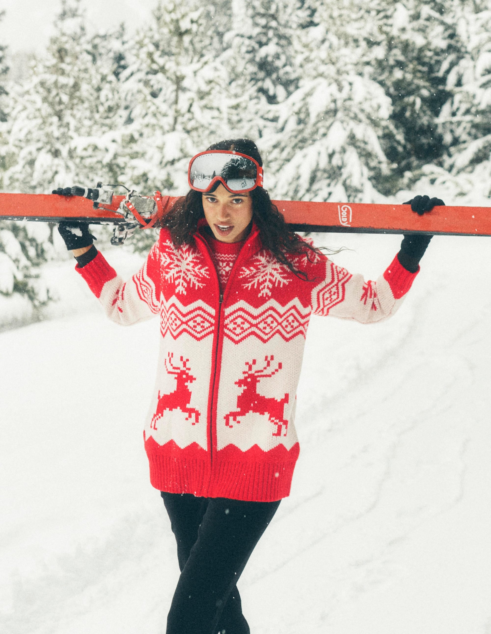 Zip Up Jacquard Cardigan-Poppy Red Reindeer | Boden Global