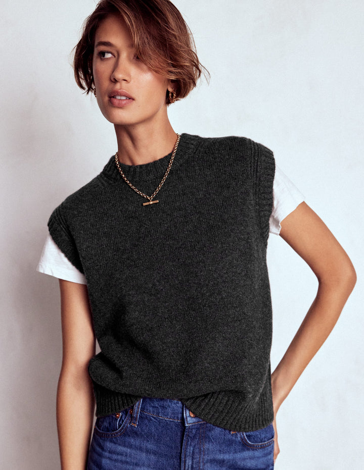 Cashmere Ribbed Trim Tank-Charcoal Melange