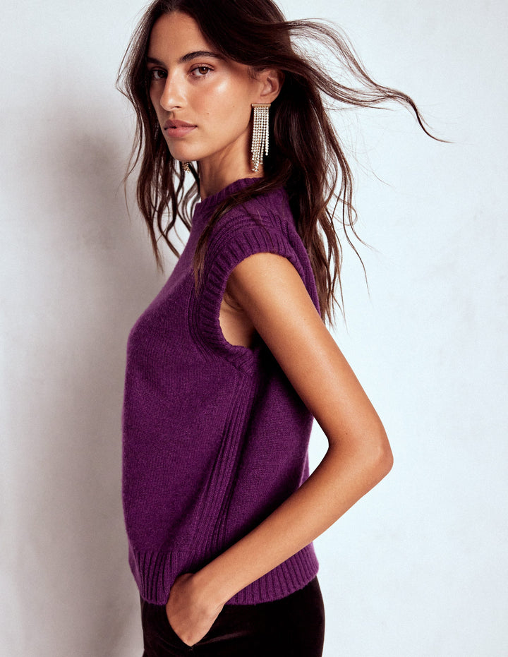 Cashmere Ribbed Trim Tank-Purple